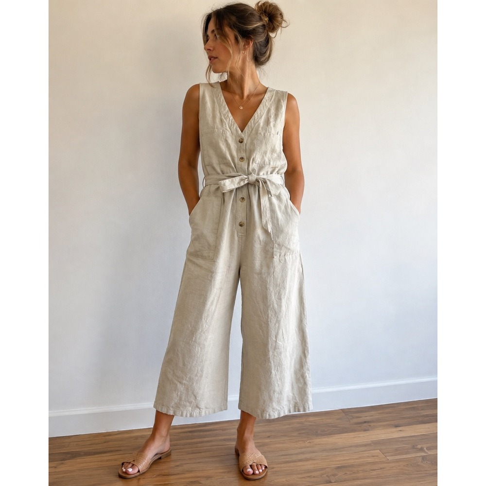 A NEW DAY Jumpsuit Wide Leg Linen Blend Women XXL Beige Neutral Minimalist Boho